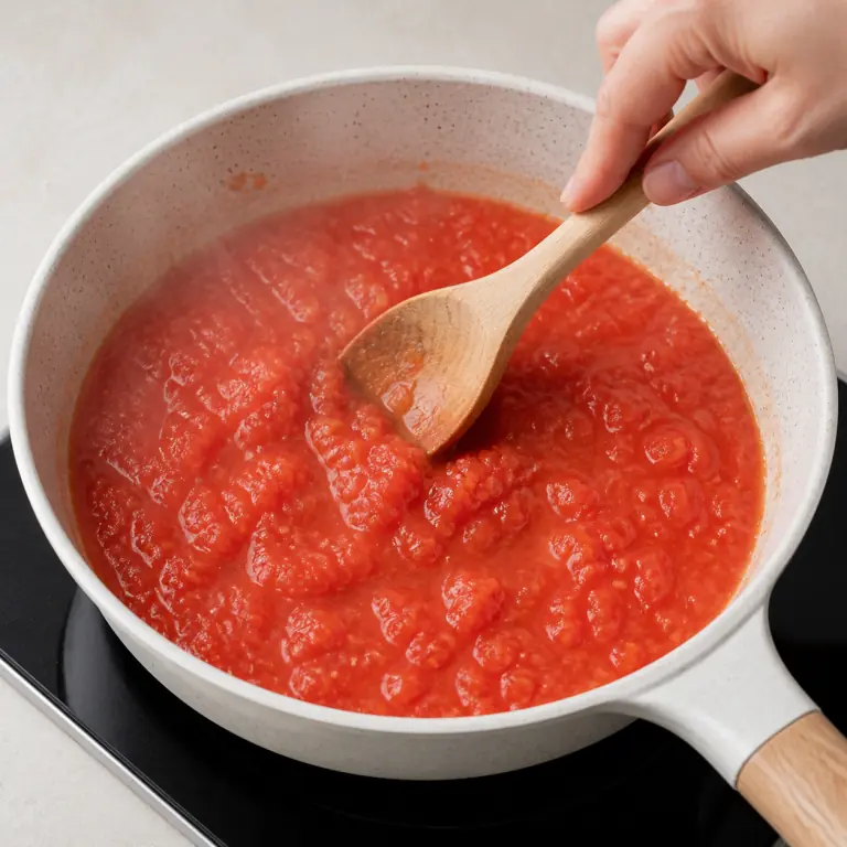 Gros plan pédagogique de laisse mijoter 200 g de tomate concassée jusqu'à ce que la sauce épaississe légèrement. Montrer le récipient exact, une main adulte avec l'ustensile adapté et la couleur ou texture qui prouve la cuisson. Aucun autre aliment ne doit masquer le résultat.