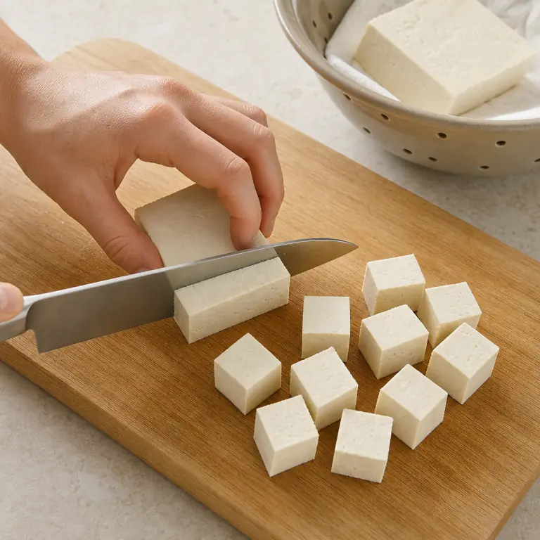 Gros plan pédagogique d'une main adulte qui égoutte et éponge 180 g de tofu, puis coupe-le en cubes réguliers de 2 cm avec les doigts repliés en griffe, avec lame visible, doigts en griffe, portion intacte et morceaux finis de taille lisible. Aucun autre aliment sur la planche.