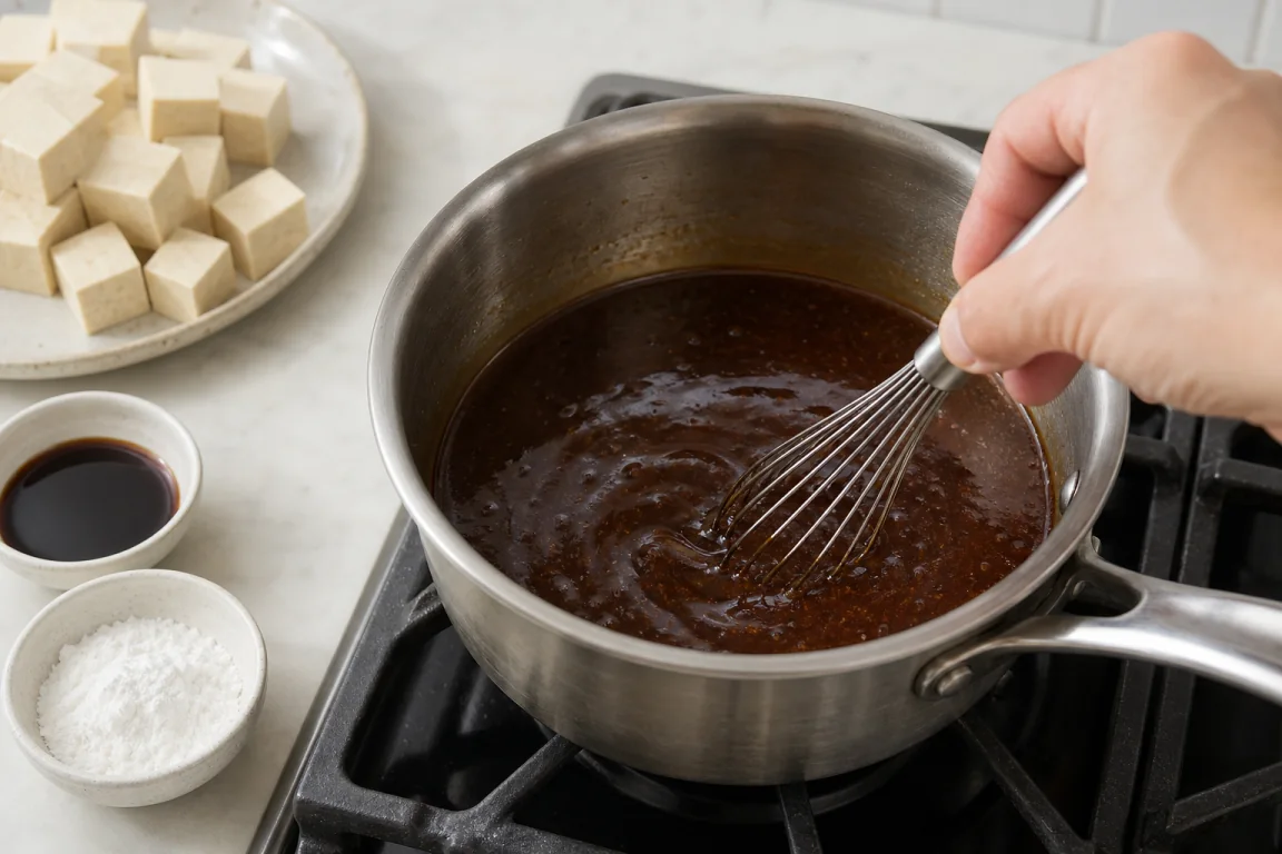 Illustration de l’étape « Étape 5 » pour la recette Tofu poivré avec sauce Teriyaki.