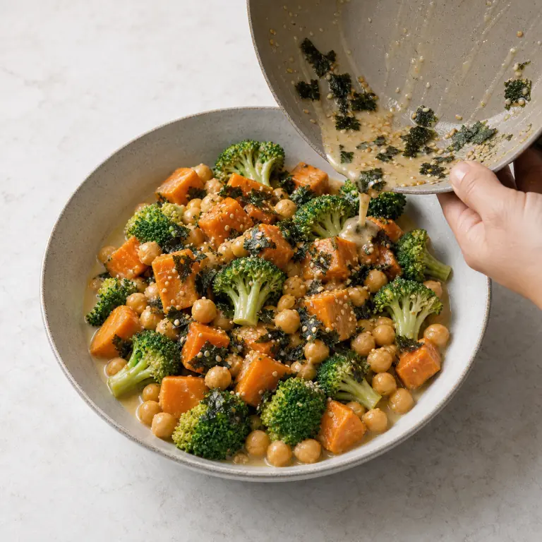 Un bol final de patate douce brocoli soja avec légumes, pois chiches, nori et sésame.