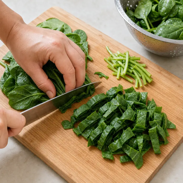 Gros plan pédagogique d'une main adulte qui rince 150 g d'épinards, retire les tiges épaisses puis rassemble les feuilles et coupe-les en bandes de 3 cm, avec lame visible, doigts en griffe, portion intacte et morceaux finis de taille lisible. Aucun autre aliment sur la planche.