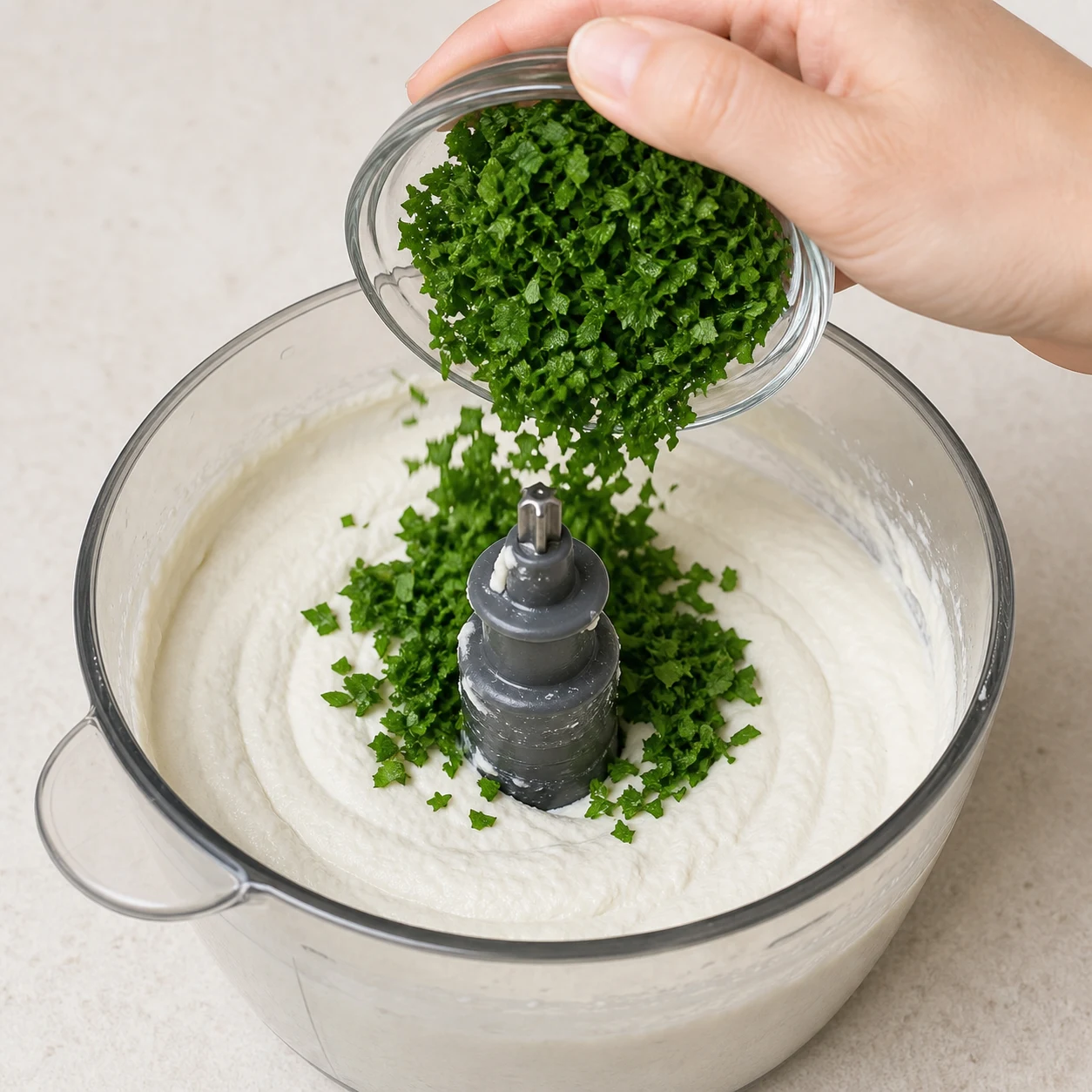 Une main adulte anonyme verse du persil haché dans la base blanche du mixeur ; les morceaux verts restent clairement visibles.