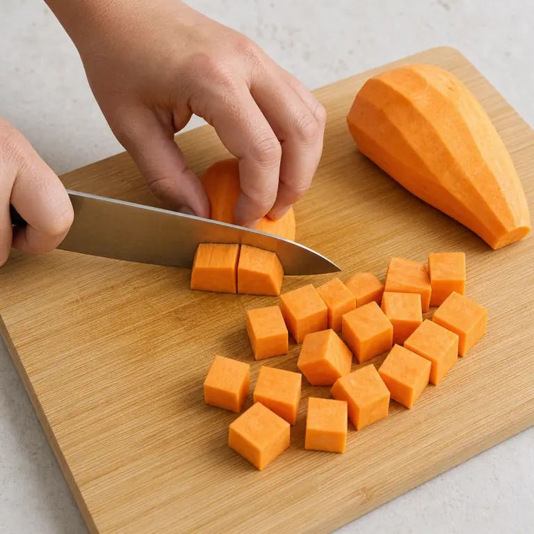 Gros plan pédagogique d'une main adulte qui épluche 250 g de patate douce, coupe-la en deux pour créer une face stable puis détaille-la en cubes réguliers de 2 cm, avec lame visible, doigts en griffe, portion intacte et morceaux finis de taille lisible. Aucun autre aliment sur la planche.