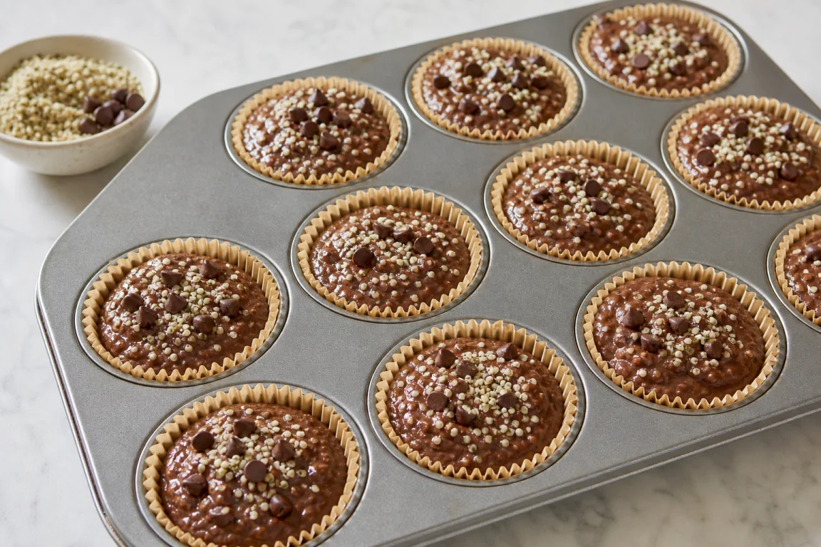 Illustration de l’étape « Étape 4 » pour la recette Muffins de mélangeur de chocolat à haute teneur en protéines.