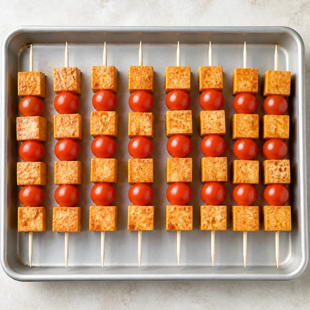 Brochettes en bois crues alignées sur une plaque, alternant morceaux de tofu orange brique marinés et tomates cerises rouges entières, vue de dessus, aucune main, aucun autre légume, aucun texte.