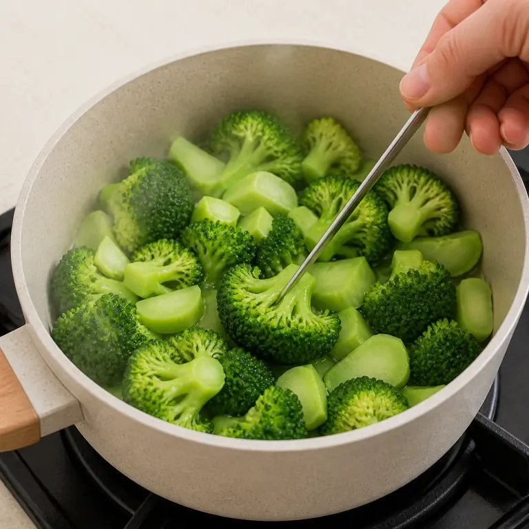 Gros plan pédagogique de fais cuire les fleurettes et demi-rondelles de tige de 180 g de brocoli jusqu'à ce qu'elles soient vert vif et tendres sous la pointe du couteau. Montrer le récipient exact, une main adulte avec l'ustensile adapté et la couleur ou texture qui prouve la cuisson. Aucun autre aliment ne doit masquer le résultat.
