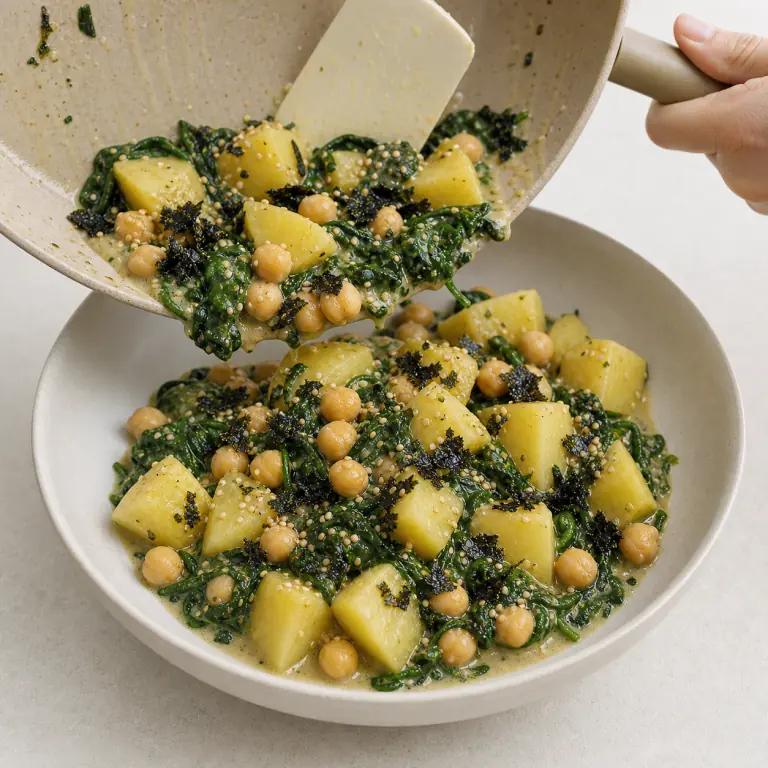 Un bol final de pommes de terre épinards sésame avec légumes, pois chiches, nori et sésame.