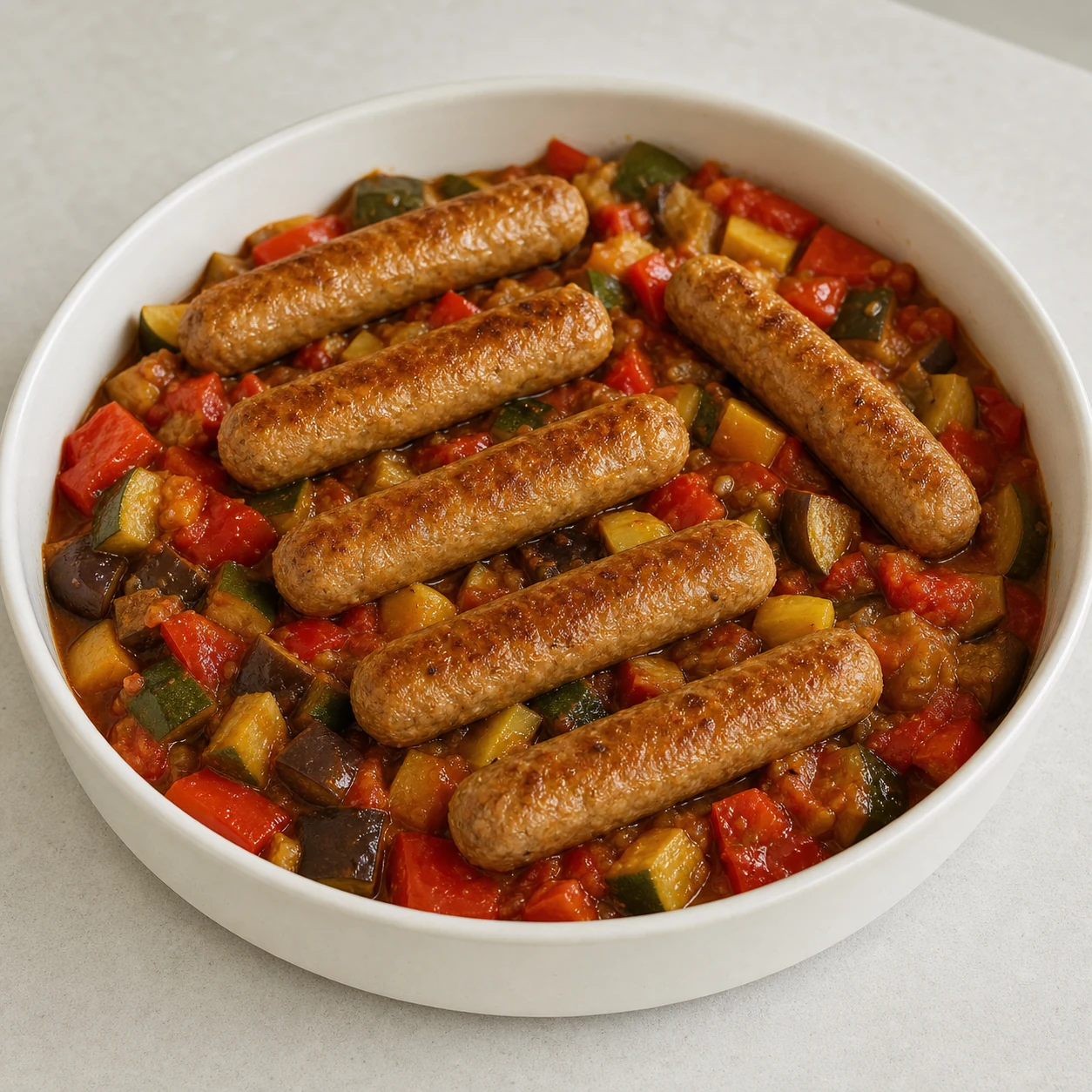 Chipolatas-ratatouille — assembler le plat