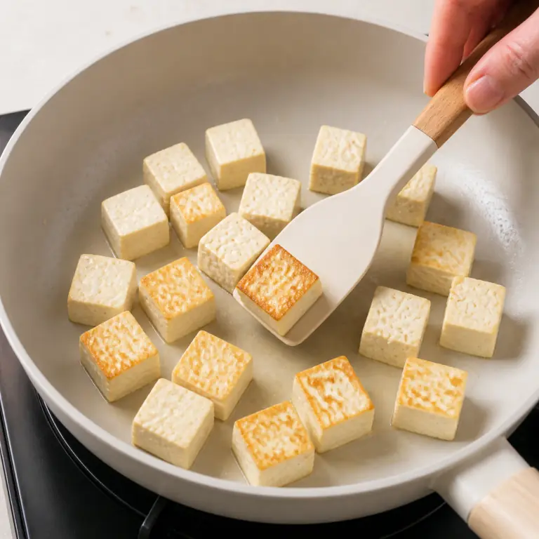 Gros plan pédagogique de fais dorer les cubes de 180 g de tofu dans une poêle chaude et retourne-les seulement quand la face du dessous est dorée. Montrer le récipient exact, une main adulte avec l'ustensile adapté et la couleur ou texture qui prouve la cuisson. Aucun autre aliment ne doit masquer le résultat.