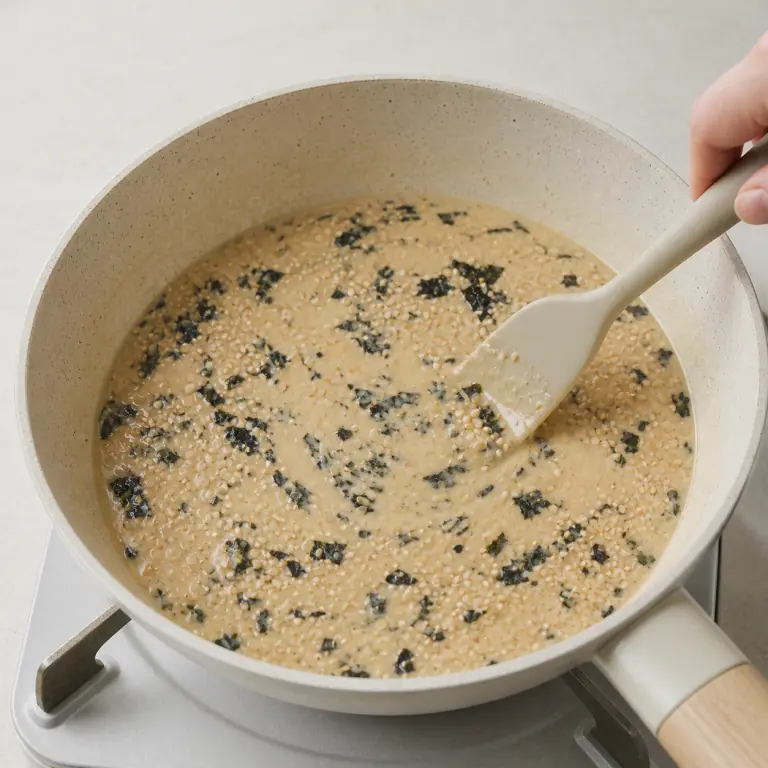 Une sauce végétale crémeuse avec paillettes de nori et graines de sésame.