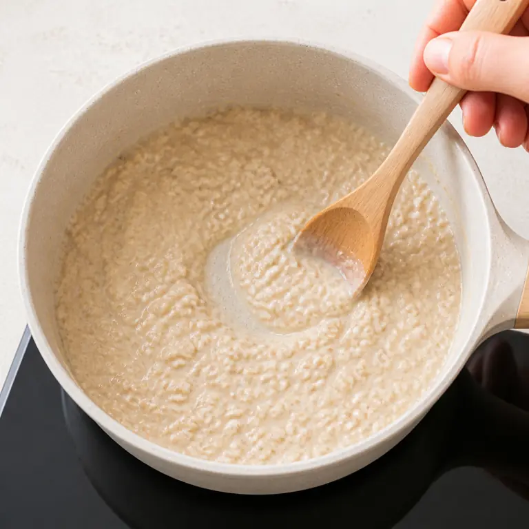 Un porridge d'avoine crémeux en cuisson douce dans une petite casserole.