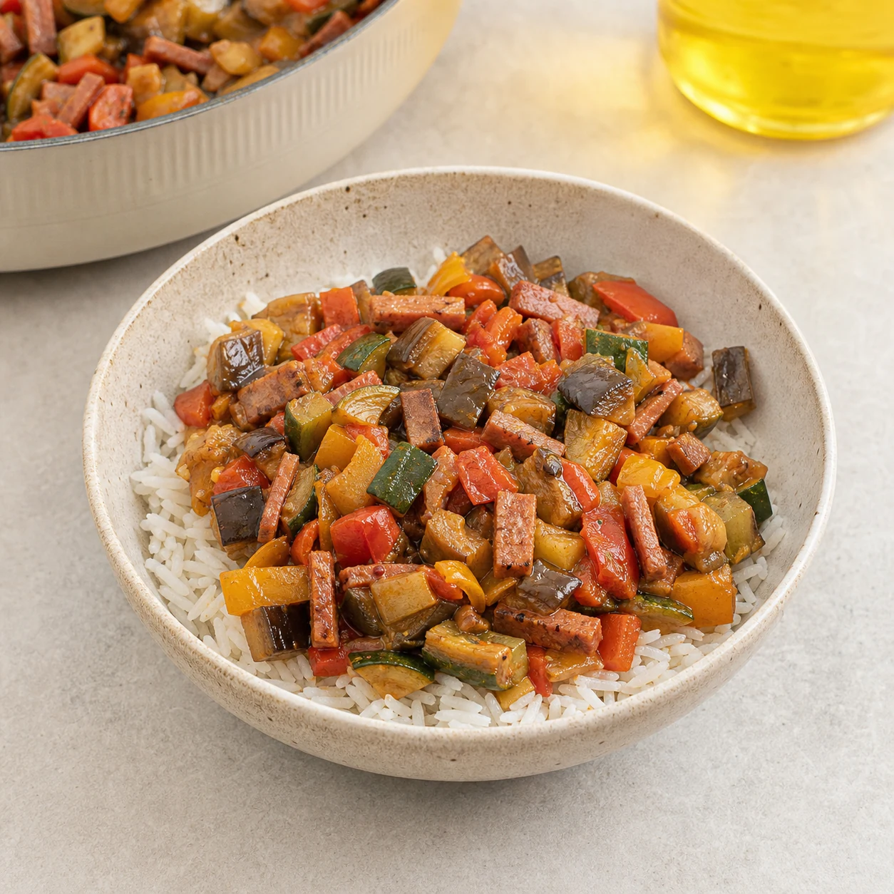 Bol ratatouille-lardons-riz — assembler les bols