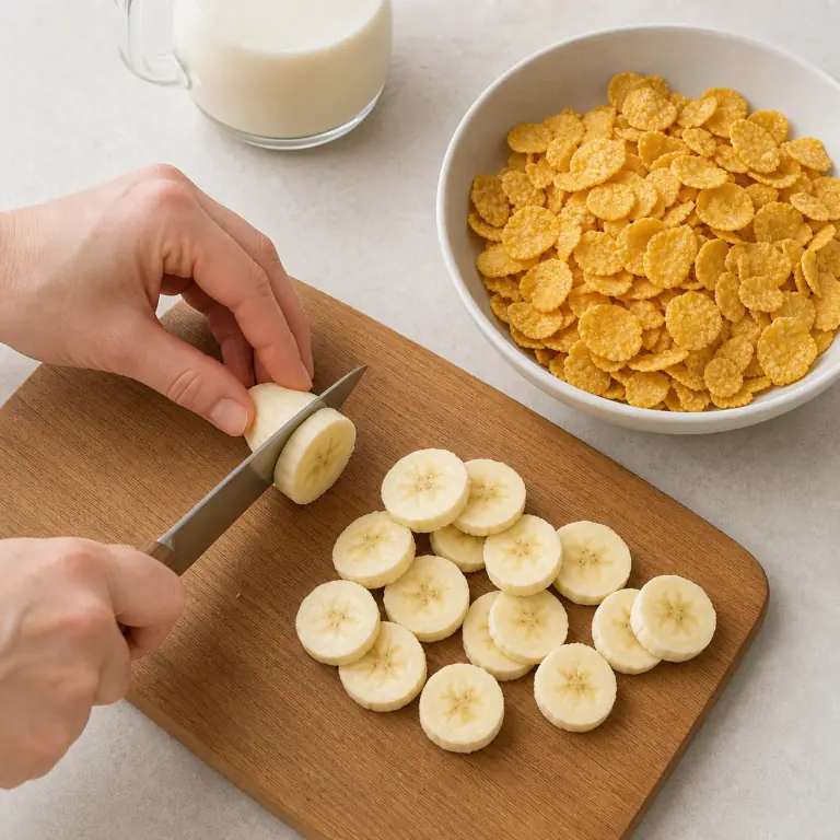 banane préparés à côté d'un bol de céréales, sans autre garniture.