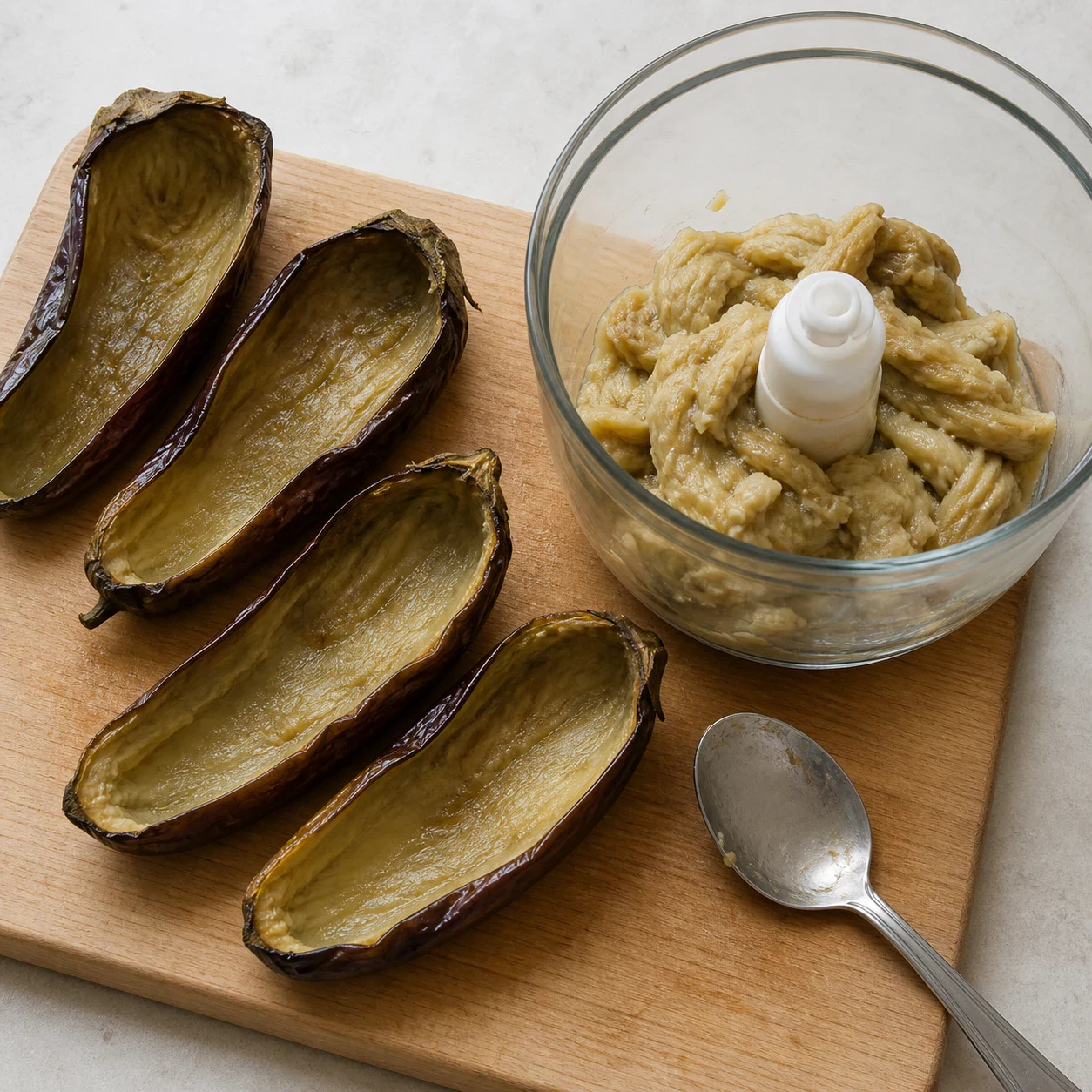 Une moitié d'aubergine rôtie évidée à la cuillère, peau vide posée à côté, chair beige rassemblée dans un bol de mixeur en verre, cuillère à soupe posée sur la planche, aucun texte, aucune marque.