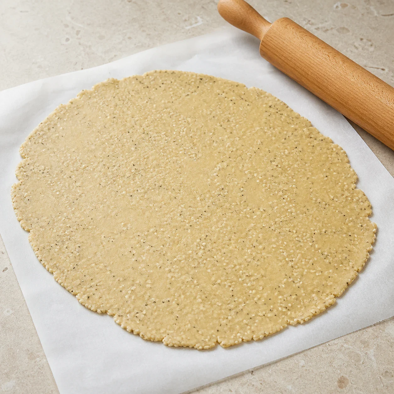 Pâte à crackers étalée en une abaisse fine et régulière sur une feuille de papier sulfurisé, surface beige clair parsemée de graines de sésame, rouleau à pâtisserie en bois posé sur le côté, aucun autre ingrédient, aucun texte, aucune marque.