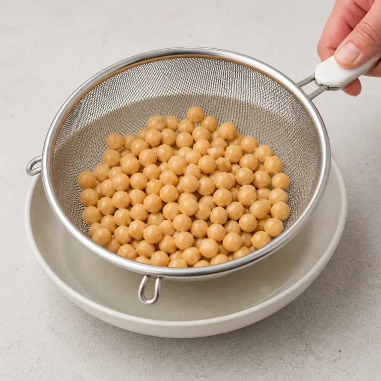 Des pois chiches rincés dans une passoire fine.
