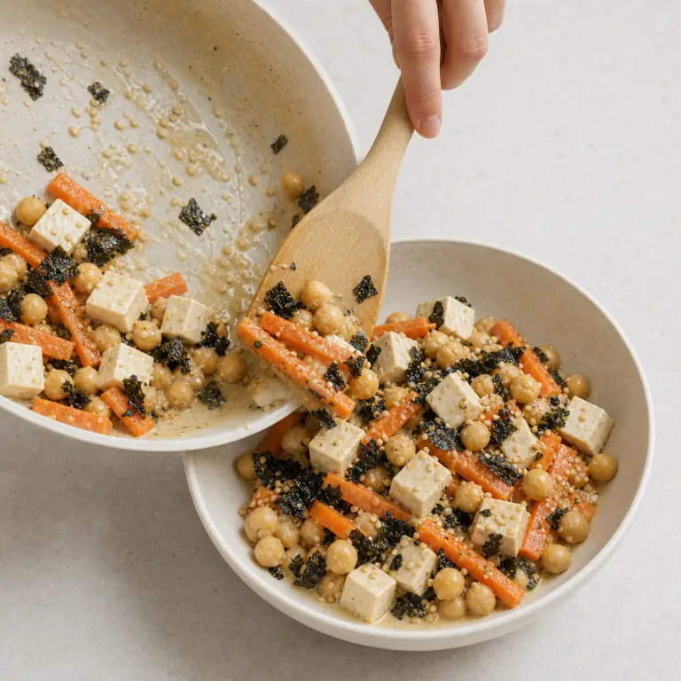 Un bol final de tofu sésame carotte nori avec légumes, pois chiches, nori et sésame.