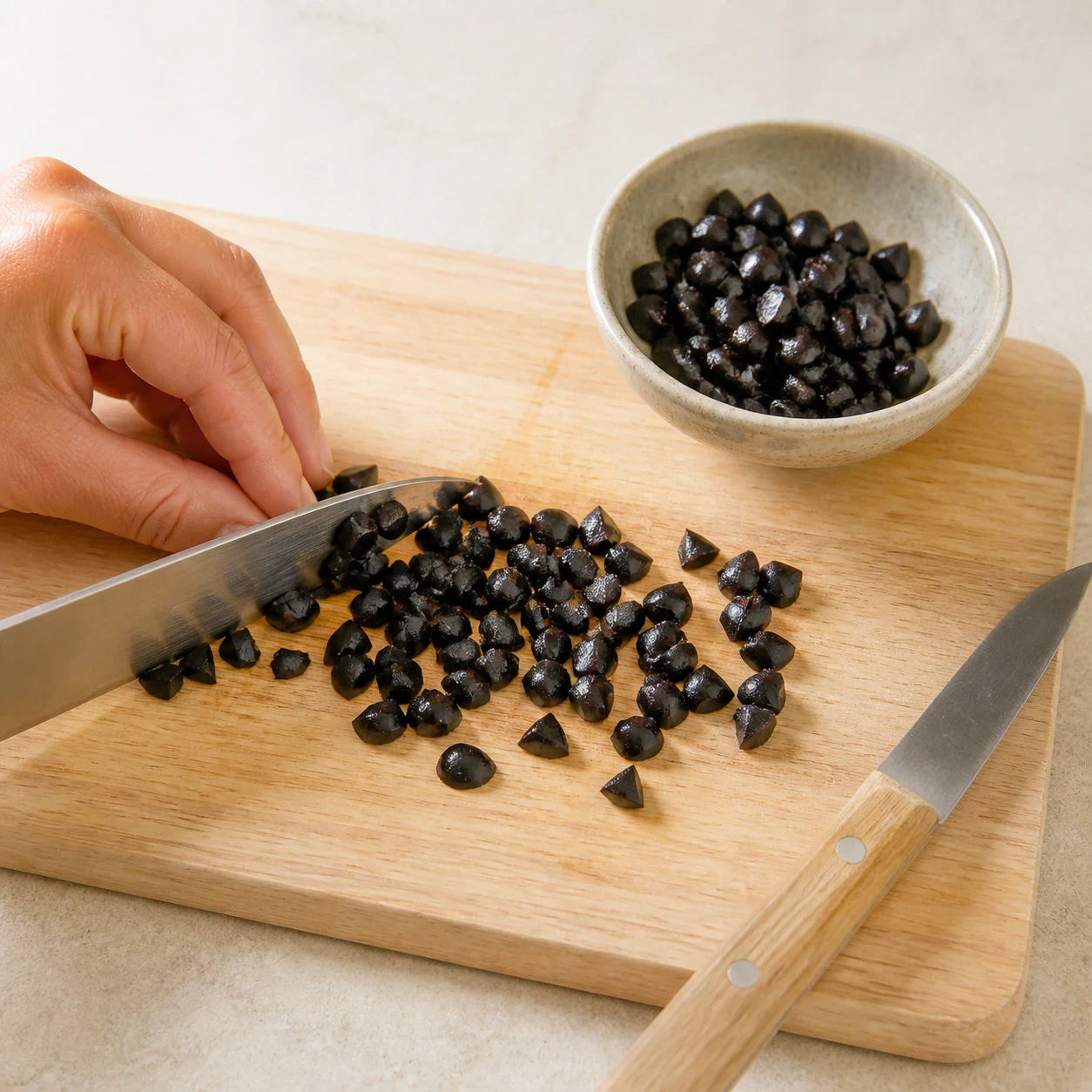 Olives noires dénoyautées coupées en morceaux d'un demi-centimètre sur une planche à découper en bois clair, un couteau d'office posé à côté, aucun autre ingrédient, aucune main, aucun texte.
