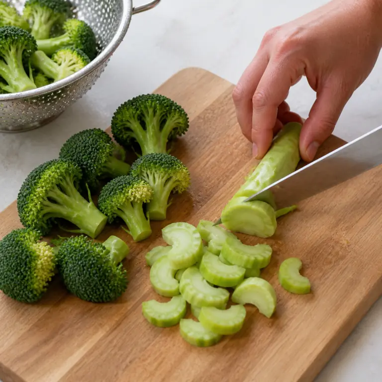 Gros plan pédagogique d'une main adulte qui rince 180 g de brocoli, détache des fleurettes de taille bouchée au couteau, puis pèle la tige et coupe-la en demi-rondelles de 5 mm, avec lame visible, doigts en griffe, portion intacte et morceaux finis de taille lisible. Aucun autre aliment sur la planche.