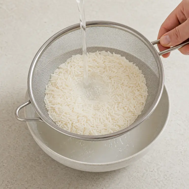 Gros plan pédagogique du geste en cours : rince 80 g de riz basmati dans une passoire fine jusqu'à ce que l'eau soit presque claire. Montrer uniquement cet ingrédient et l'ustensile nécessaire.