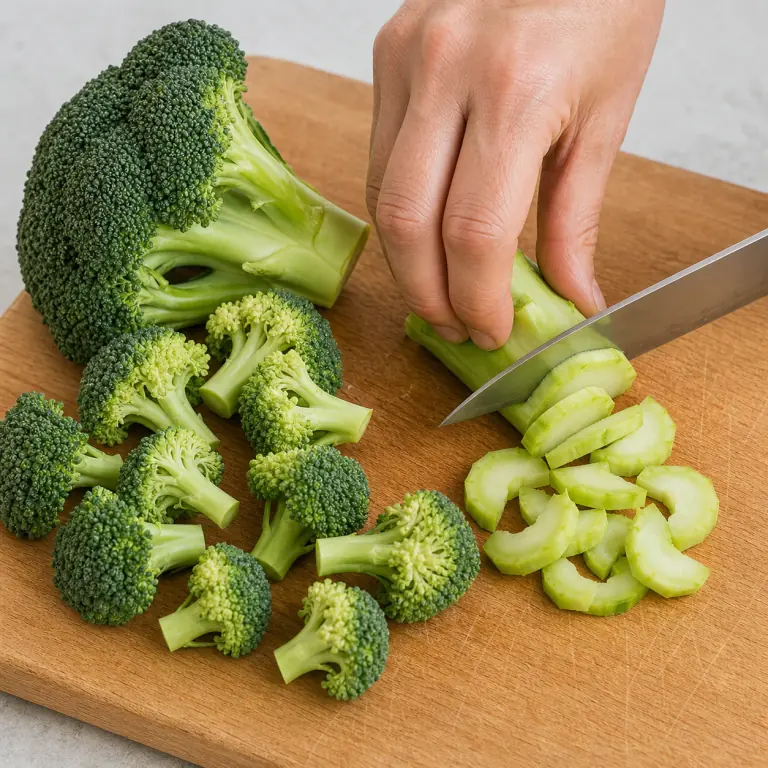 Gros plan pédagogique d'une main adulte qui rince 180 g de brocoli, détache des fleurettes de taille bouchée au couteau, puis pèle la tige et coupe-la en demi-rondelles de 5 mm, avec lame visible, doigts en griffe, portion intacte et morceaux finis de taille lisible. Aucun autre aliment sur la planche.