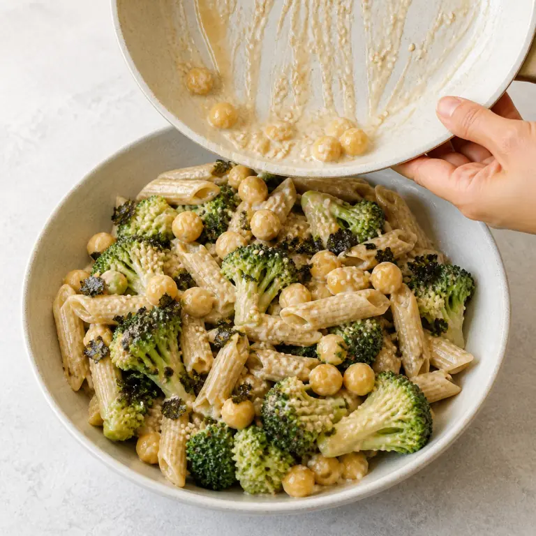 Un bol final de pâtes crème soja brocoli avec légumes, pois chiches, nori et sésame.
