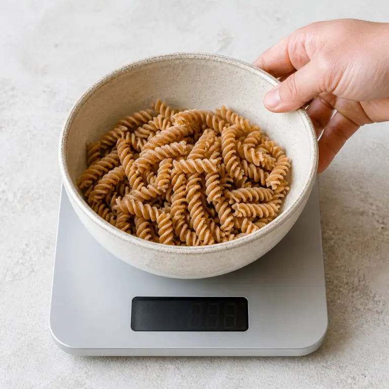 Gros plan pédagogique du geste en cours : pèse 100 g de pâtes complètes et garde-les sèches dans un bol. Montrer uniquement cet ingrédient et l'ustensile nécessaire.