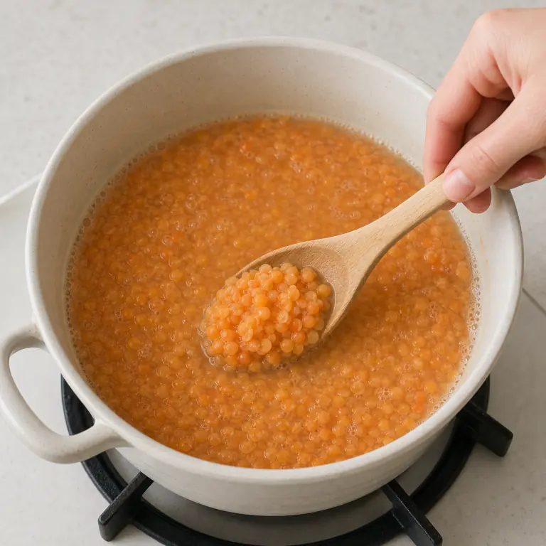 Gros plan pédagogique de fais frémir 90 g de lentilles corail jusqu'à ce qu'elles soient tendres et encore identifiables. Montrer le récipient exact, une main adulte avec l'ustensile adapté et la couleur ou texture qui prouve la cuisson. Aucun autre aliment ne doit masquer le résultat.