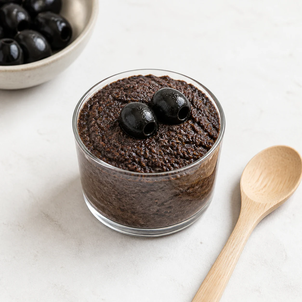 Tapenade brun foncé tassée dans un petit verre trapu posé sur un plan de travail blanc mat, deux olives noires entières sur le dessus, cuillère en bois claire posée à côté, aucune herbe, aucune main, aucun texte, aucune marque.