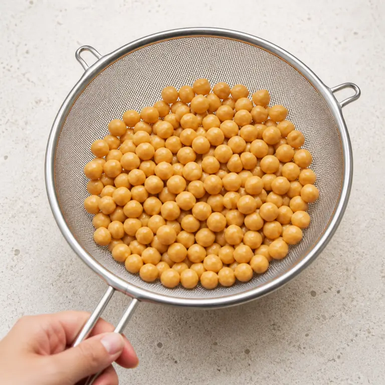 Des pois chiches rincés dans une passoire fine.