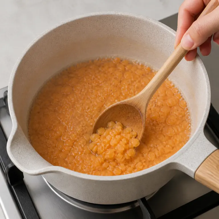 Gros plan pédagogique de fais frémir 90 g de lentilles corail jusqu'à ce qu'elles soient tendres et encore identifiables. Montrer le récipient exact, une main adulte avec l'ustensile adapté et la couleur ou texture qui prouve la cuisson. Aucun autre aliment ne doit masquer le résultat.