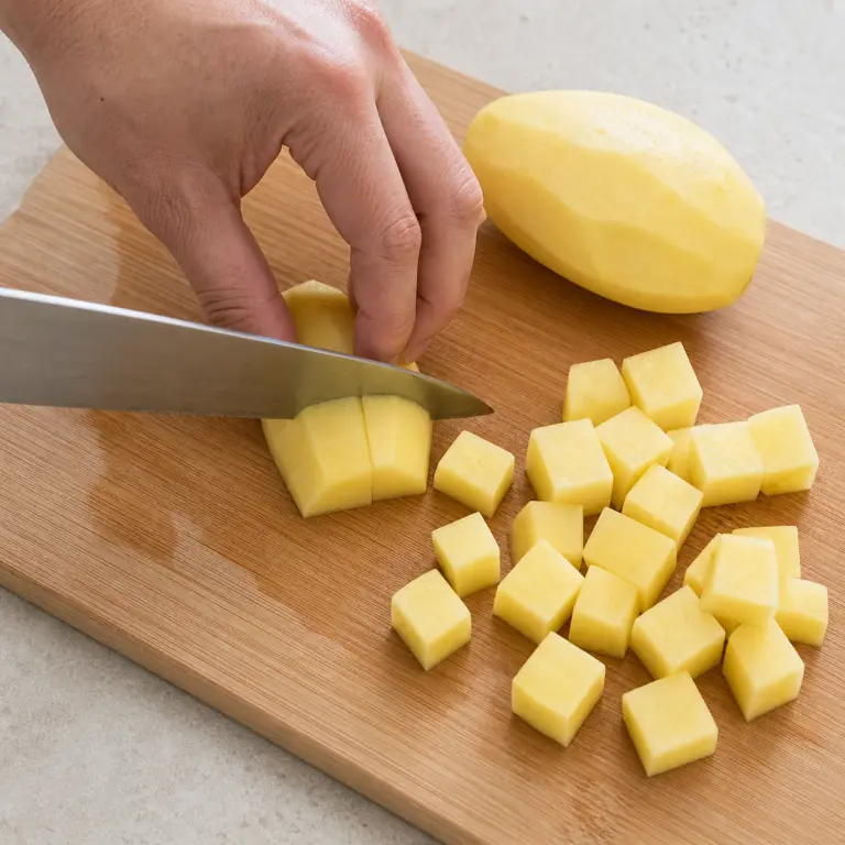 Gros plan pédagogique d'une main adulte qui épluche 250 g de pommes de terre, stabilise chaque pomme de terre sur une face plate puis coupe-la en cubes réguliers de 2 cm, avec lame visible, doigts en griffe, portion intacte et morceaux finis de taille lisible. Aucun autre aliment sur la planche.