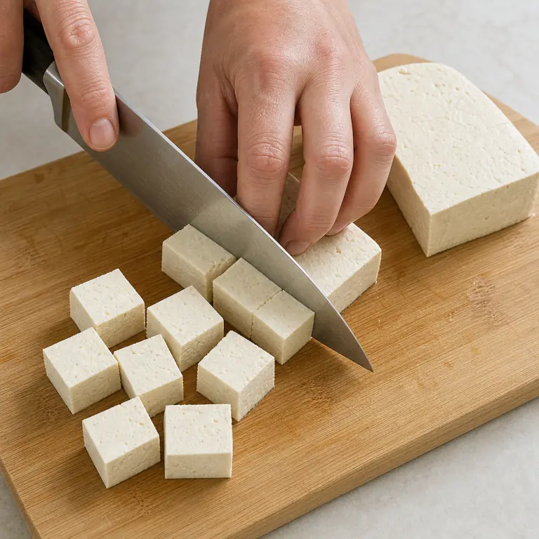 Gros plan pédagogique d'une main adulte qui égoutte et éponge 180 g de tofu, puis coupe-le en cubes réguliers de 2 cm avec les doigts repliés en griffe, avec lame visible, doigts en griffe, portion intacte et morceaux finis de taille lisible. Aucun autre aliment sur la planche.