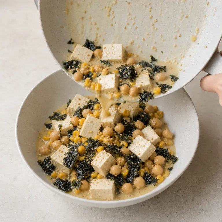 Un bol final de tofu maïs nori avec légumes, pois chiches, nori et sésame.