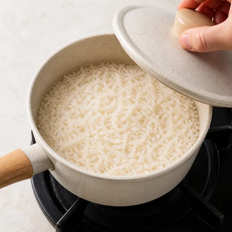 Gros plan pédagogique de fais cuire 80 g de riz basmati à petit frémissement, couvercle posé, jusqu'à absorption de l'eau. Montrer le récipient exact, une main adulte avec l'ustensile adapté et la couleur ou texture qui prouve la cuisson. Aucun autre aliment ne doit masquer le résultat.