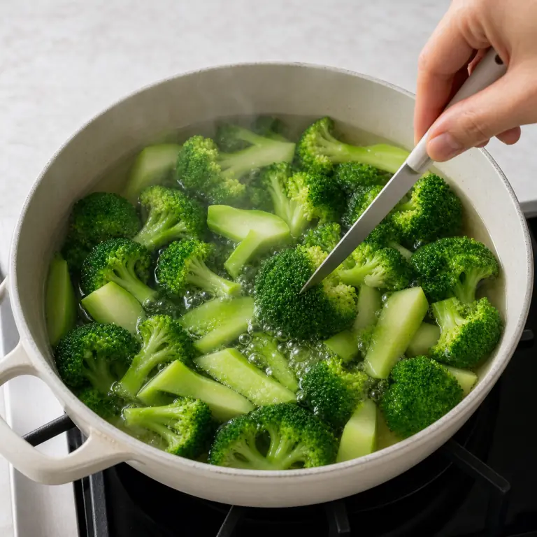 Gros plan pédagogique de fais cuire les fleurettes et demi-rondelles de tige de 180 g de brocoli jusqu'à ce qu'elles soient vert vif et tendres sous la pointe du couteau. Montrer le récipient exact, une main adulte avec l'ustensile adapté et la couleur ou texture qui prouve la cuisson. Aucun autre aliment ne doit masquer le résultat.