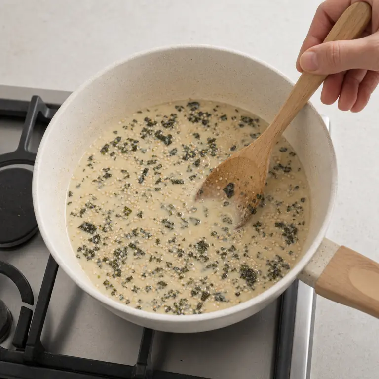 Une sauce végétale crémeuse avec paillettes de nori et graines de sésame.