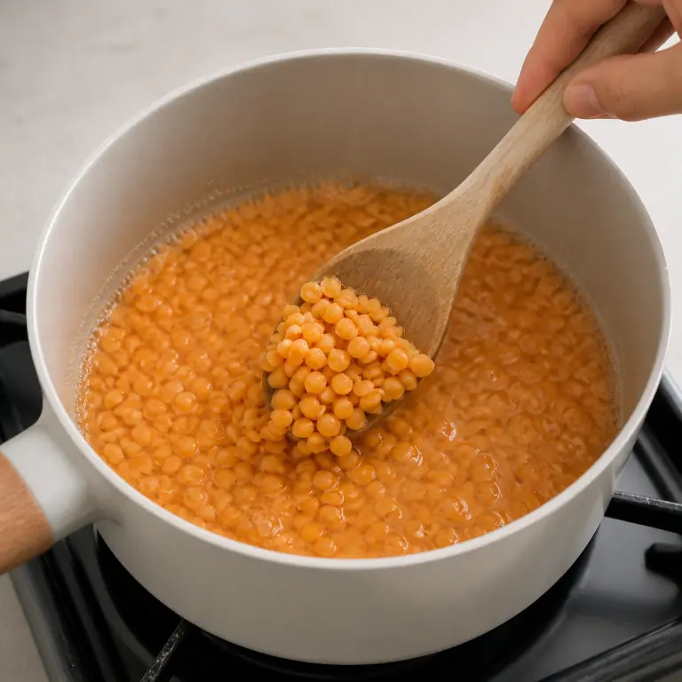 Gros plan pédagogique de fais frémir 90 g de lentilles corail jusqu'à ce qu'elles soient tendres et encore identifiables. Montrer le récipient exact, une main adulte avec l'ustensile adapté et la couleur ou texture qui prouve la cuisson. Aucun autre aliment ne doit masquer le résultat.