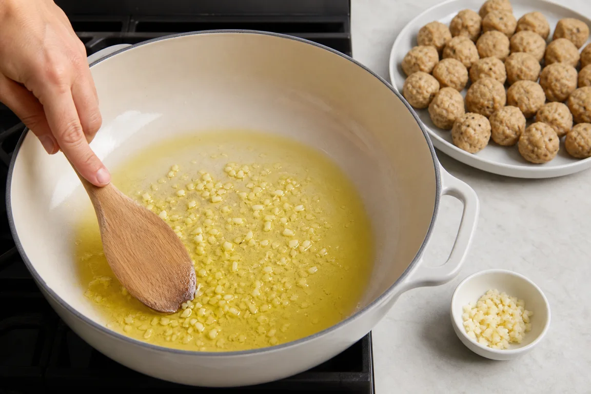 Illustration de l’étape « Étape 1 » pour la recette Boulettes de seitan avec sauce spaghetti mijotée.