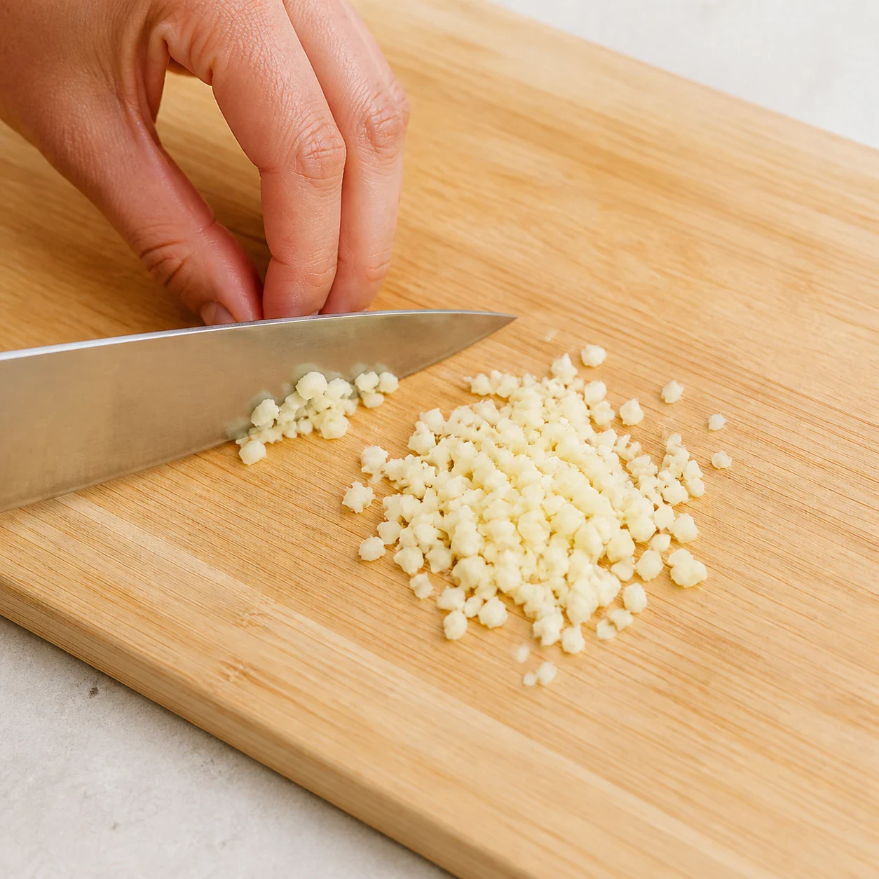 Une gousse d'ail épluchée émincée en tout petits éclats blancs réguliers sur une planche à découper en bois clair, couteau de chef posé à côté, aucune main, aucun autre ingrédient, aucun texte, aucun filigrane.