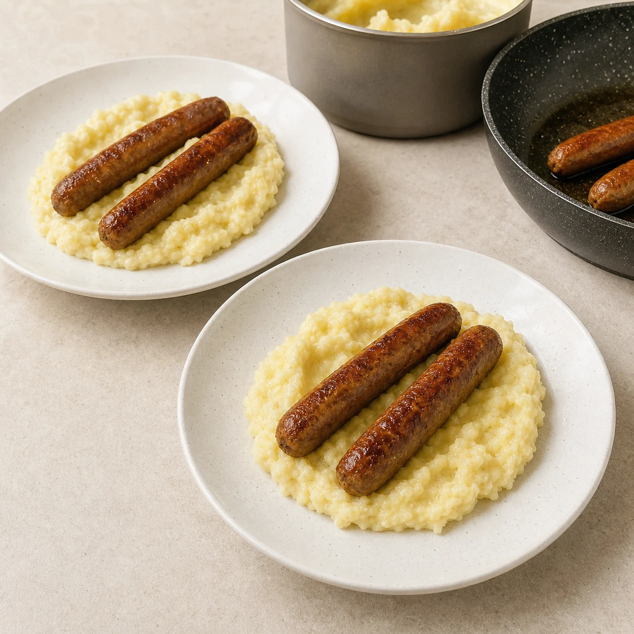 Chipolatas-purée express — dresser les assiettes