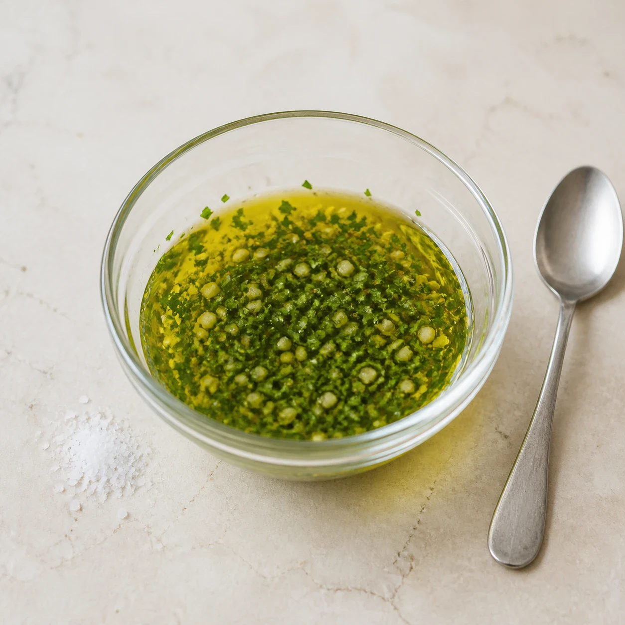 Petit bol en verre contenant de l'huile d'olive dorée dans laquelle flottent de l'ail haché et du persil haché, une pincée de sel fin visible au bord du bol, cuillère posée à côté, aucun autre ingrédient, aucune main, aucun texte.