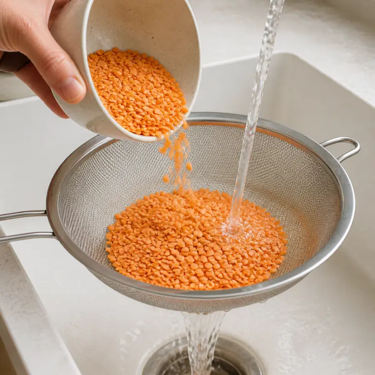 Gros plan pédagogique du geste en cours : verse 90 g de lentilles corail dans une passoire fine et rince-les jusqu'à ce que l'eau soit claire. Montrer uniquement cet ingrédient et l'ustensile nécessaire.