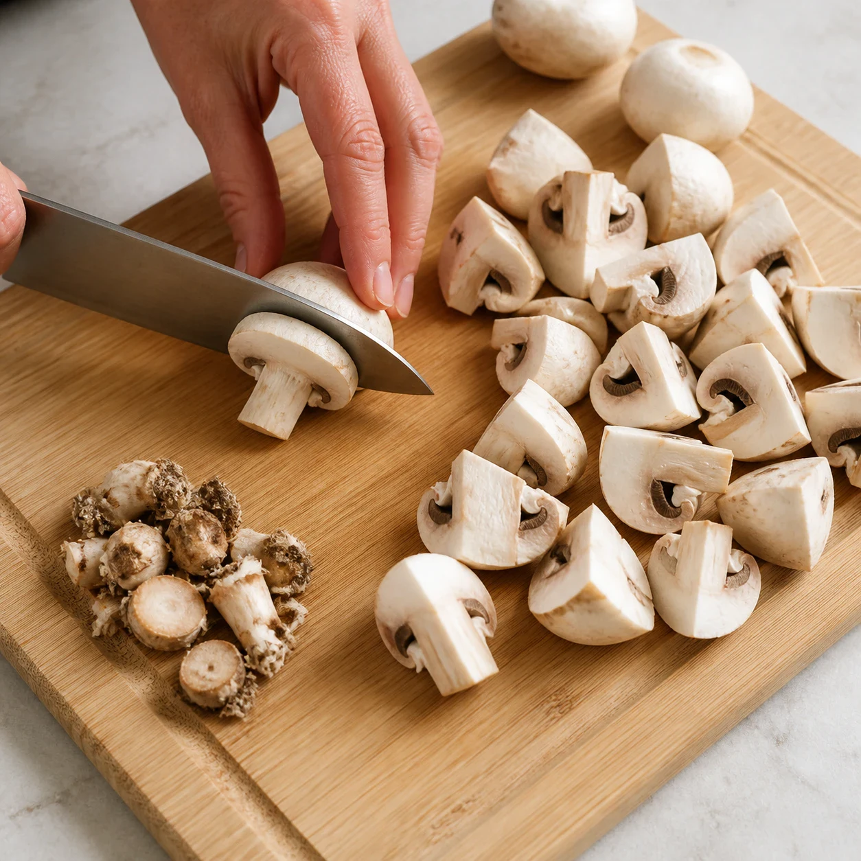 Champignons de Paris blancs coupés en quartiers sur une planche à découper en bois clair, bouts de pied terreux écartés sur le côté, couteau de chef posé à plat, aucun texte, aucune marque.