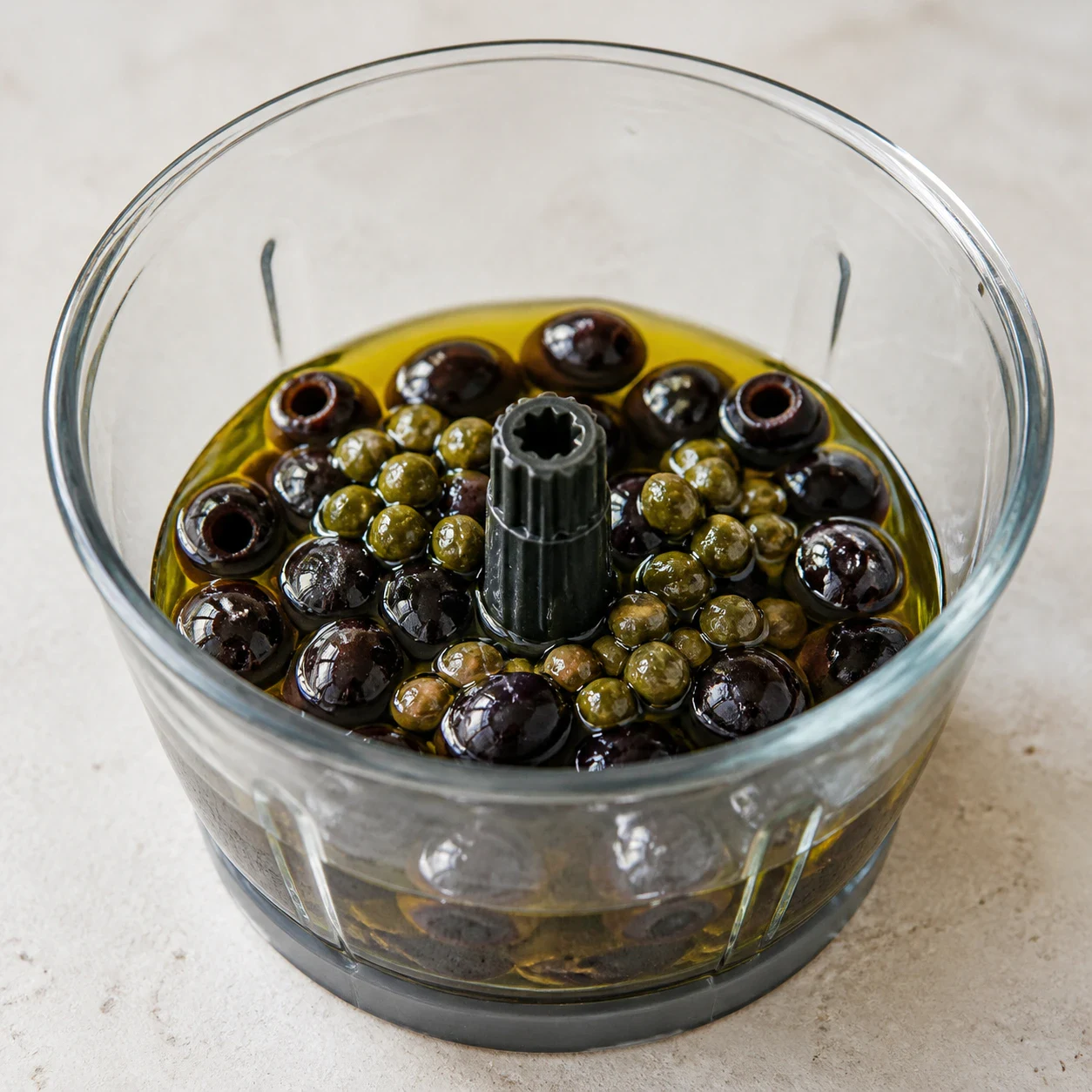 Bol de mixeur en verre vu de trois quarts contenant des olives noires dénoyautées, une petite cuillerée de câpres, un filet de jus de citron et un filet d'huile d'olive, aucune main, aucun texte, aucune marque.