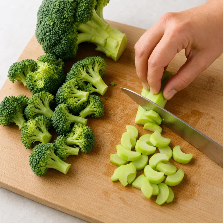 Gros plan pédagogique d'une main adulte qui rince 180 g de brocoli, détache des fleurettes de taille bouchée au couteau, puis pèle la tige et coupe-la en demi-rondelles de 5 mm, avec lame visible, doigts en griffe, portion intacte et morceaux finis de taille lisible. Aucun autre aliment sur la planche.