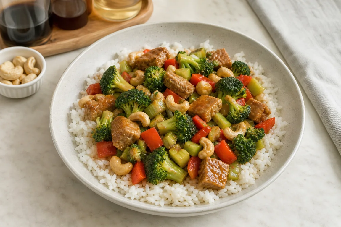 Illustration de l’étape « Étape 5 » pour la recette Brocoli sauté avec Seitan et Cashews.