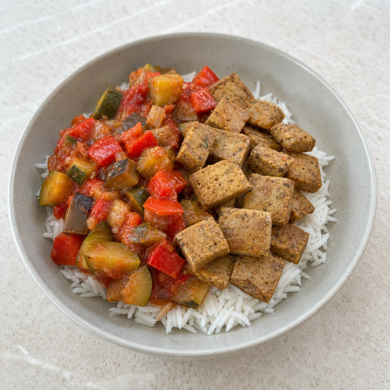 Seitan-ratatouille-riz — assembler les bols