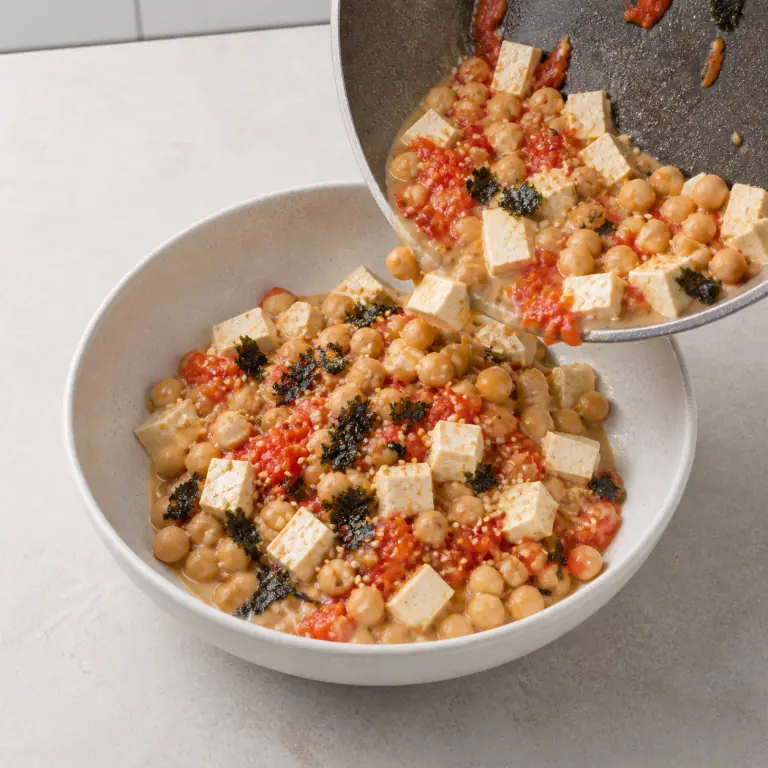 Un bol final de tofu tomate nori avec légumes, pois chiches, nori et sésame.