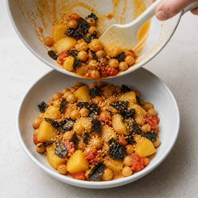 Un bol final de pommes de terre tomate nori avec légumes, pois chiches, nori et sésame.